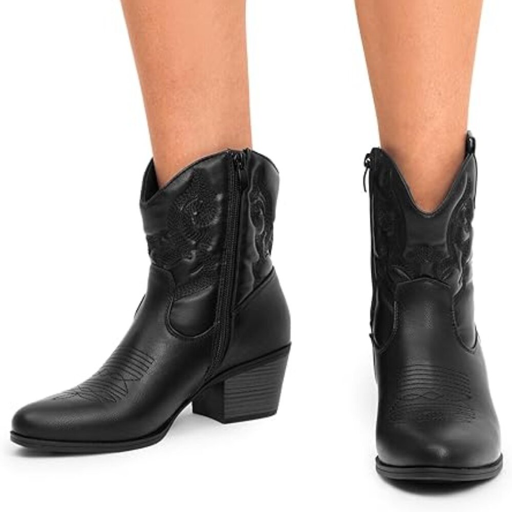 Women's Black Western Cowgirl Embroidered Ankle Boots